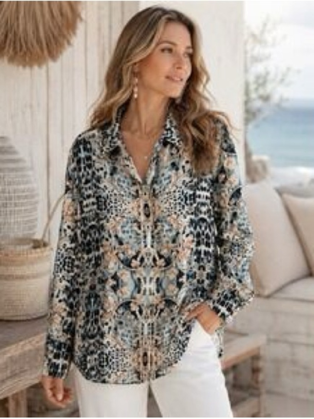 Chico’s Women's Printed Button-Down Shirt - Blue Multi Sz 2